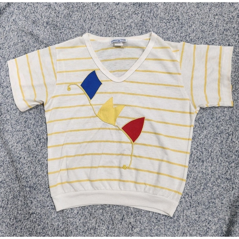 Vintage Cherry Hill Kite Applique Striped Tee Shirt Retro 80s Novelty Medium